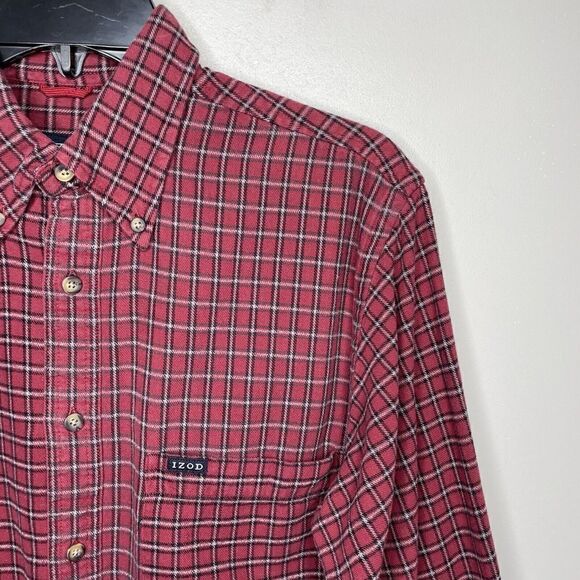 IZOD Shirt Mens Small S Red Check Plaid Flannel Button-Down Long Sleeve Cotton - Picture 2 of 7
